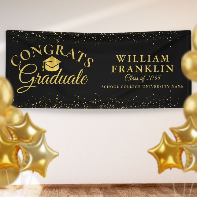 Banderoles Parties scintillant Noire Et Or Graduation Moderne (Black And Gold Glitter Modern Graduation Banner)