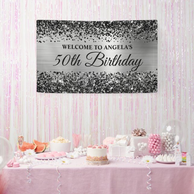 Banderoles Parties scintillant noire Silver Foil 50e annivers (Fête)