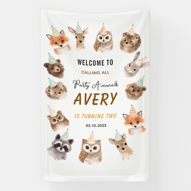 Banderoles Party Animals 2nd Birthday | Cute Jungle Animal (Verticale)