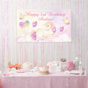 Banderoles Pastel Aquarelle Unicorne Et Ballons Anniversaire