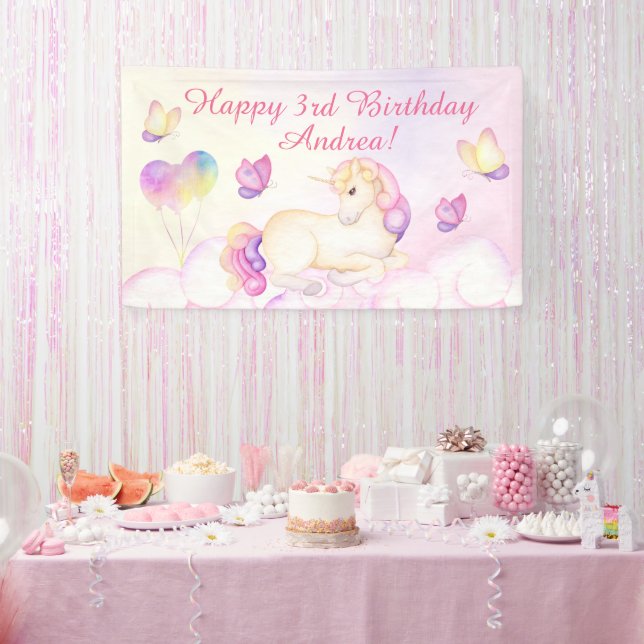 Banderoles Pastel Aquarelle Unicorne Et Ballons Anniversaire (Fête)