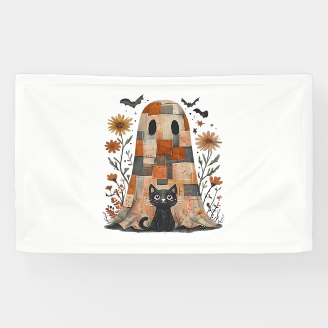 Banderoles Patchwork Halloween Fantôme et chat, Retro Éffraya (Horizontal)