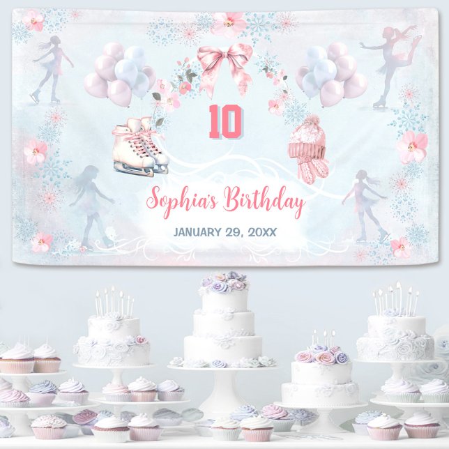 Banderoles Patinage sur glace Pink Blue Winter Girl Anniversa (Ice Skating Party Pink Blue Winter Girl Birthday Banner)