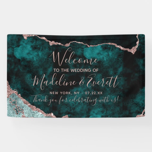 Banderoles Peacock Turquoise Marbre vert Agate Mariage Bienve (Horizontal)