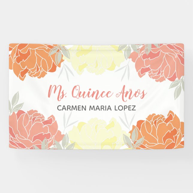 Banderoles Pêche Orange & Peonies Jaunes Quinceanera Party (Horizontal)