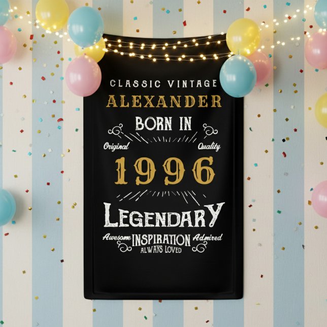 Banderoles Personalized 30th Birthday 1996 Vintage Legend (Born 1996 birthday banner against a striped wall.)