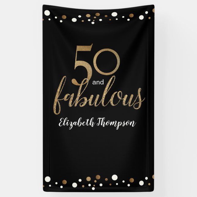 Banderoles Personnalisé 50 et Fabulous Noir confetti en or (Vertical)