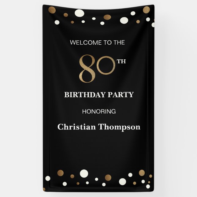 Banderoles Personnalisé 80e anniversaire Gold et noir Confett (Vertical)