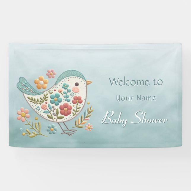 Banderoles Petit Baby shower aux fleurs roses Bleues d'oiseau (Horizontal)