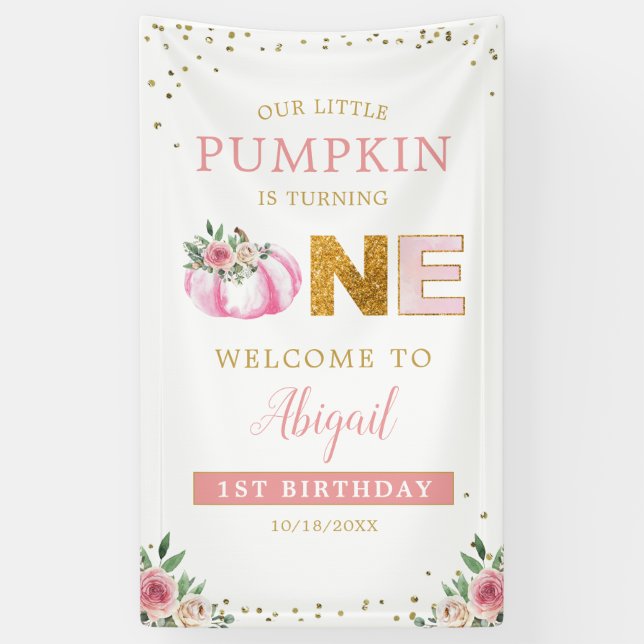 Banderoles Petit Citrouille rose Floral 1er anniversaire Bien (Vertical)