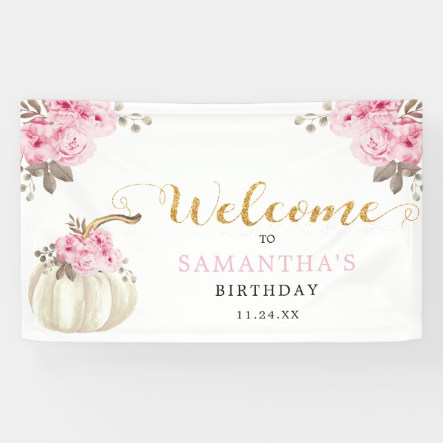 Banderoles Petit Citrouille rose Floral Accueil d'anniversair (Horizontal)