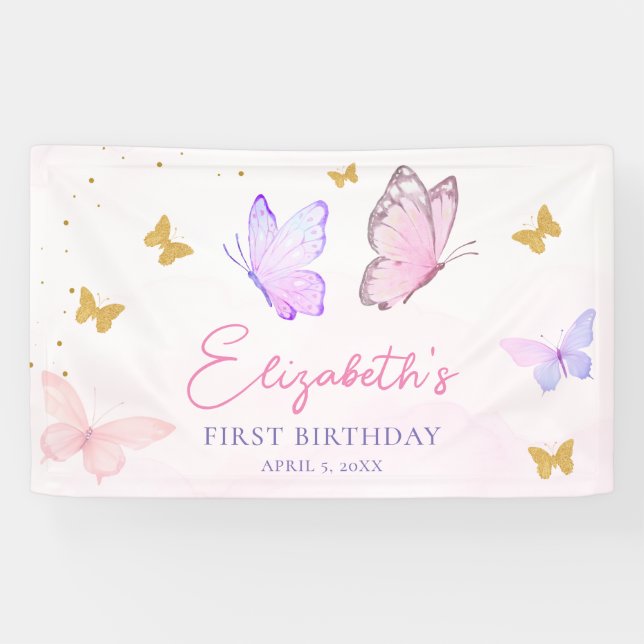 Banderoles Petit Papillon rose pourpre fille premier annivers (Horizontal)