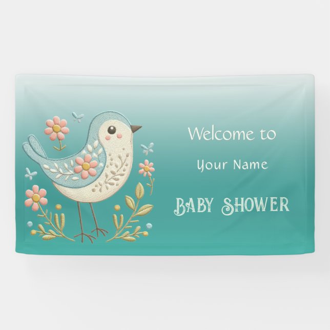Banderoles Petite Broderie Florale d'oiseaux Baby shower vert (Horizontal)