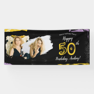 Banderoles Photo 50th Birthday Party Banner Black Gold