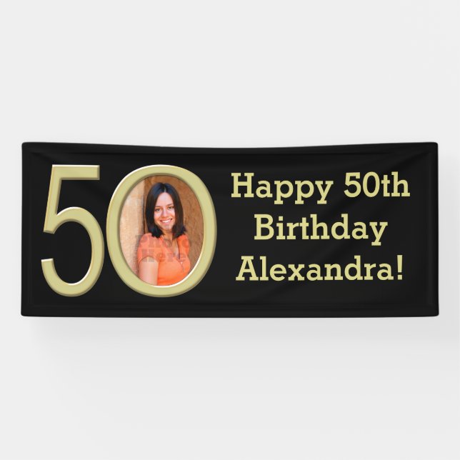 Banderoles Photo 50th Birthday Party Banner Black/Gold (Horizontal)