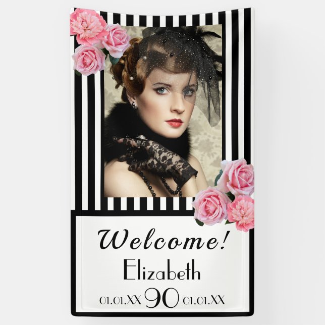 Banderoles Photo 90e anniversaire noir rayures florales (Vertical)