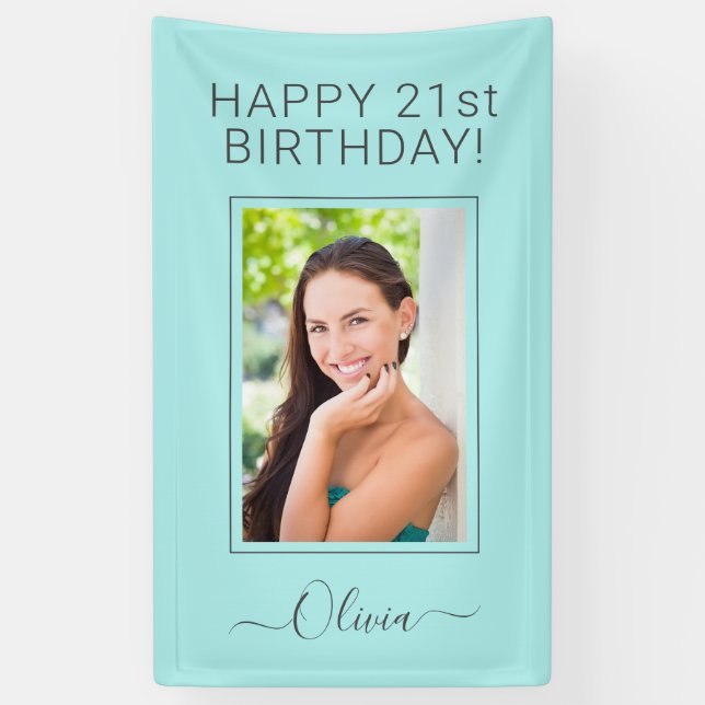 Banderoles Photo Anniversaire Aqua Blue Script Turquoise Girl (Vertical)