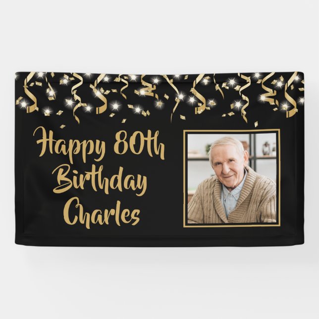 Banderoles Photo Anniversaire Black Gold Confetti Streamers (Horizontal)