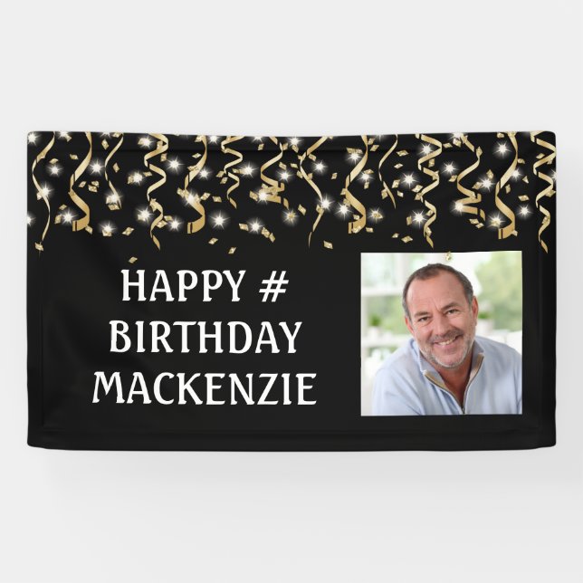 Banderoles Photo Anniversaire Black Gold Streamers Personnali (Horizontal)