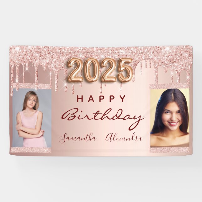 Banderoles Photo anniversaire rose or parties scintillant deu (Horizontal)