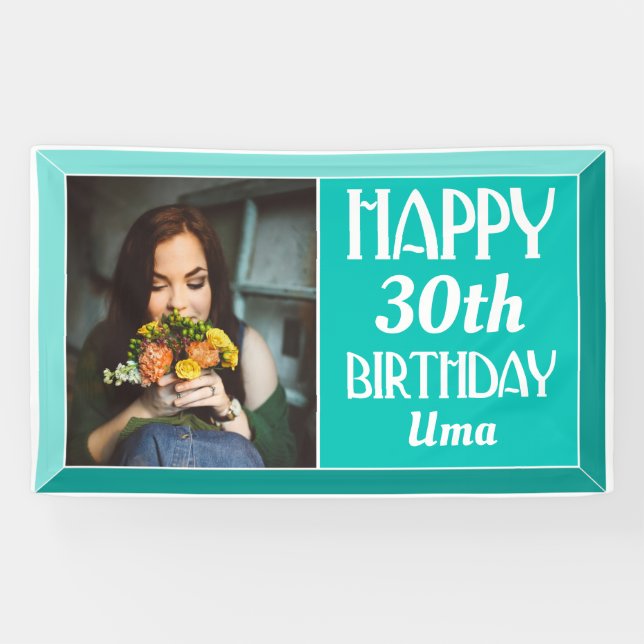 Banderoles Photo Art Déco turquoise biseautée Anniversaire (Horizontal)