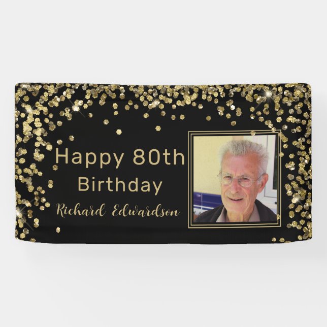 Banderoles Photo Black Gold 80th Birthday Personnalisé (Horizontal)
