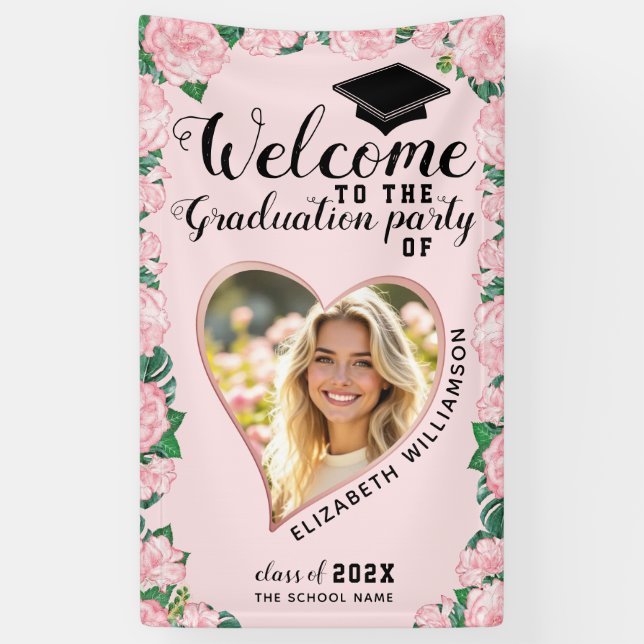 Banderoles Photo Blush Rose Floral Girly Graduation Bienvenue (Vertical)