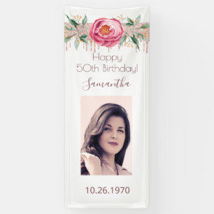 Banderoles Photo d'anniversaire rose blanche or parties scint