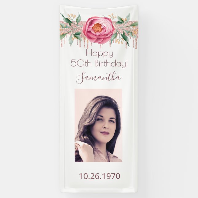 Banderoles Photo d'anniversaire rose blanche or parties scint (Vertical)