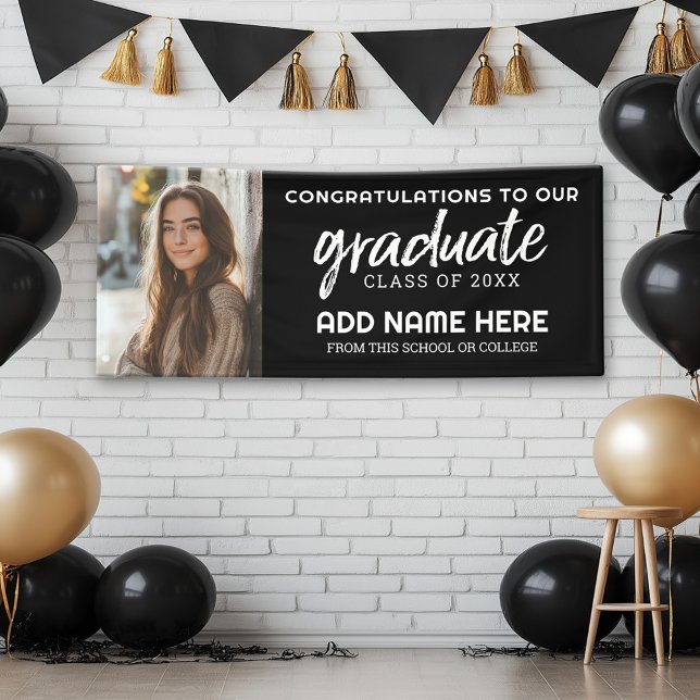 Banderoles Photo de fin d'études - Graduate Party - Noir (Custom Graduation Banner with Photo and Grad Name)