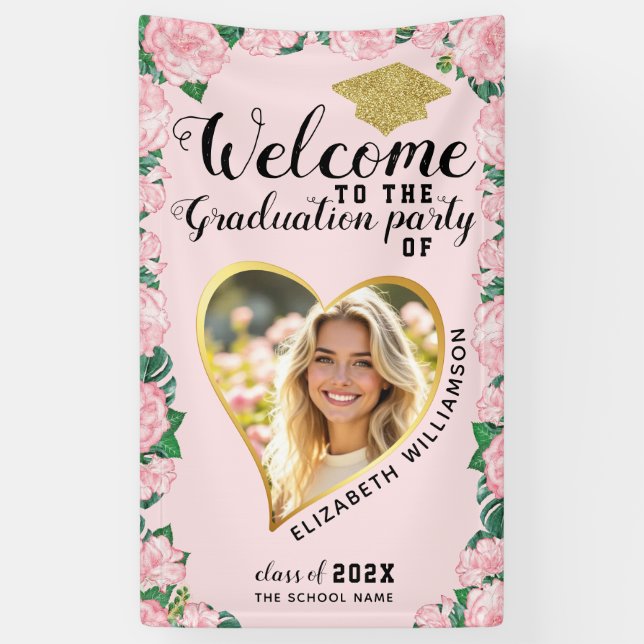 Banderoles Photo Elégant Floral Pink Graduation Welcome (Vertical)