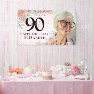 Banderoles Photo élégant floral rose pour 90e anniversaire