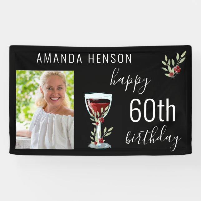 Banderoles Photo en aquarelle Verre de vin rouge 60e annivers (Horizontal)