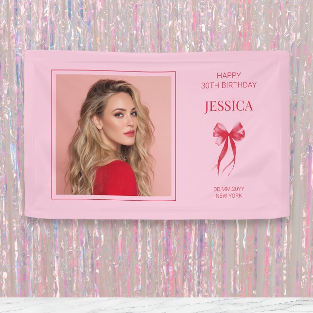 Banderoles Photo moderne rose Trente Bow Joyeux 30e anniversa (Pink Modern Photo Thirty Bow Happy 30th Birthday Banner)