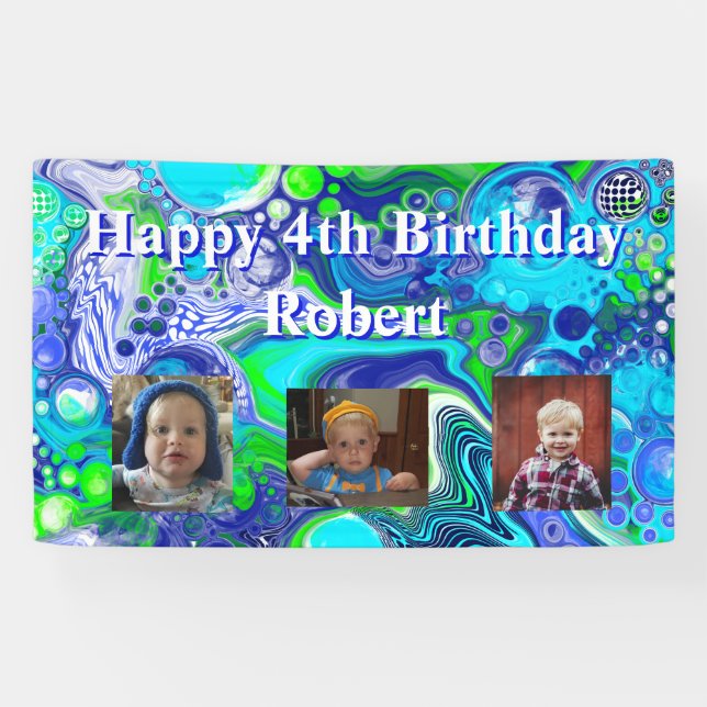 Banderoles Photo personnalisée Bleu et Vert Anniversaire (Horizontal)