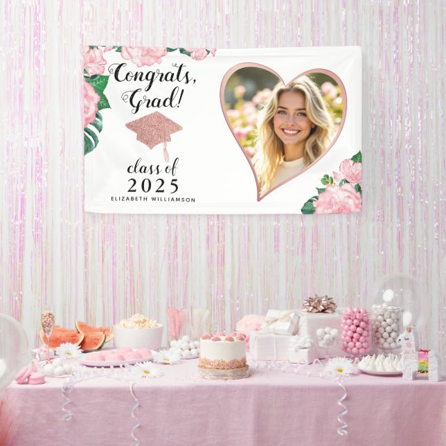 Banderoles Photo personnalisée Diplôme Floral rose et blanc (Fête)