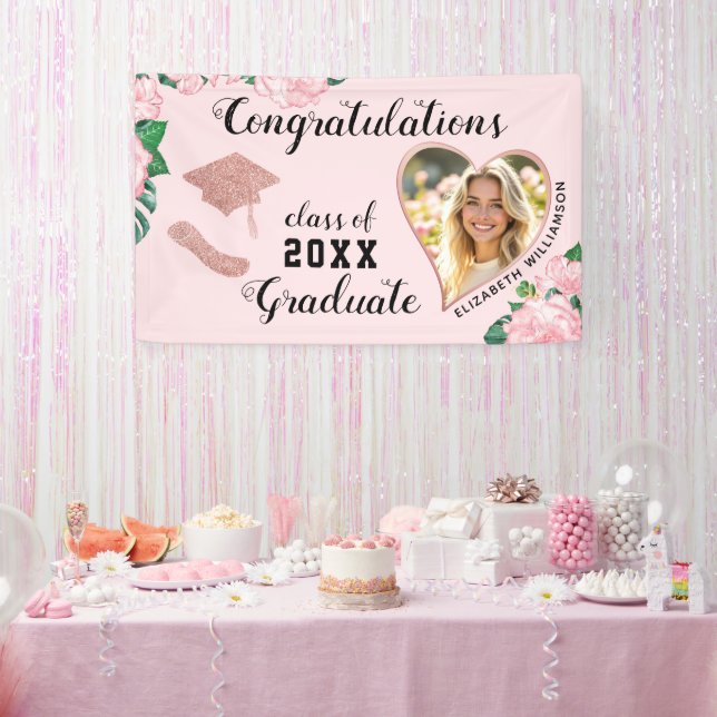 Banderoles Photo Pink Floral Class of 2025 Graduation (Fête)