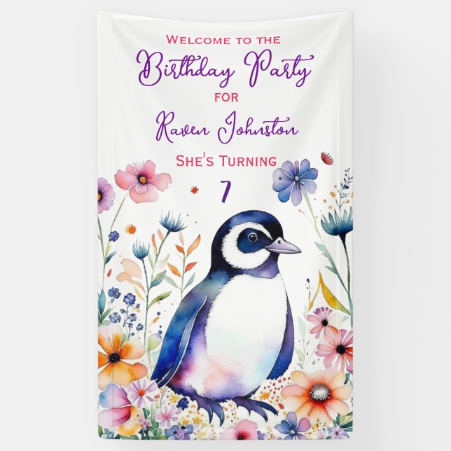 Banderoles Pingouin en Fleurs Fille d'anniversaire Bienvenue (Vertical)