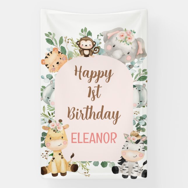 Banderoles Pink Arch Safari Party Animaux 1er anniversaire (Verticale)