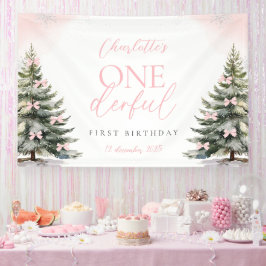 Banderoles Pink Bow Pine Trees Winter Onederland 1st Birthday