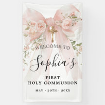Pink Bow Rose Floral Girl First Communion Vertical