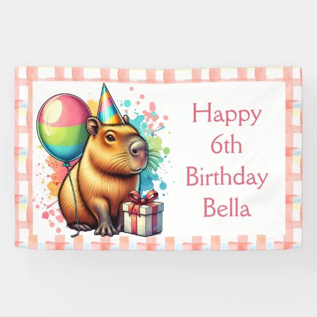 Banderoles  Pink Capybara Themed Girl's Happy Birthday  (Horizontal)