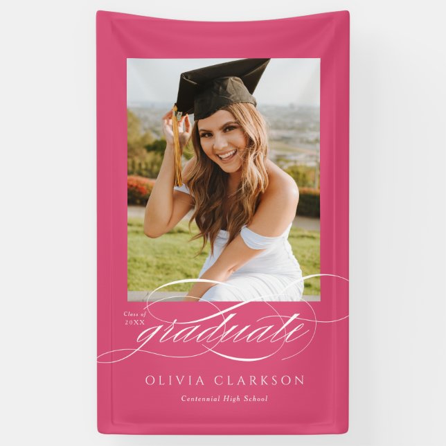 Banderoles Pink Elegant Script Graduation Photo Party (Vertical)