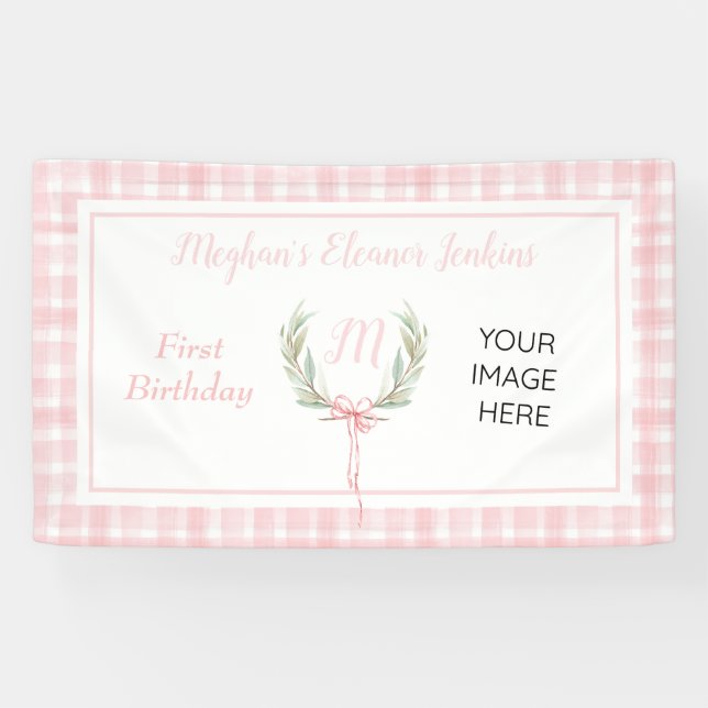 Banderoles Pink En vichy Laurel Crest Anniversaire (Horizontal)