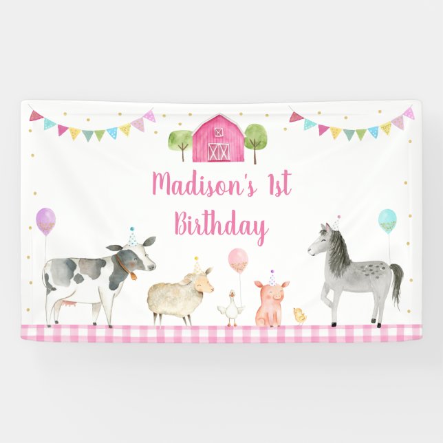 Banderoles Pink Farm Barnyard Anniversaire (Horizontal)