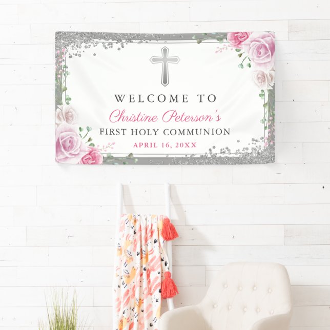 Banderoles Pink Floral Argent Première Communion Sainte Bienv (En situation)