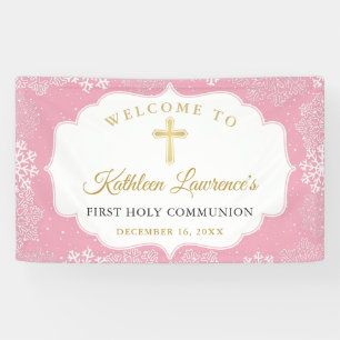 Banderoles Pink Gold Snowflakes hiver première communion ban
