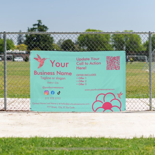 Banderoles Pink Hummingbird QR Code Turquoise Business Banner (Insitu)