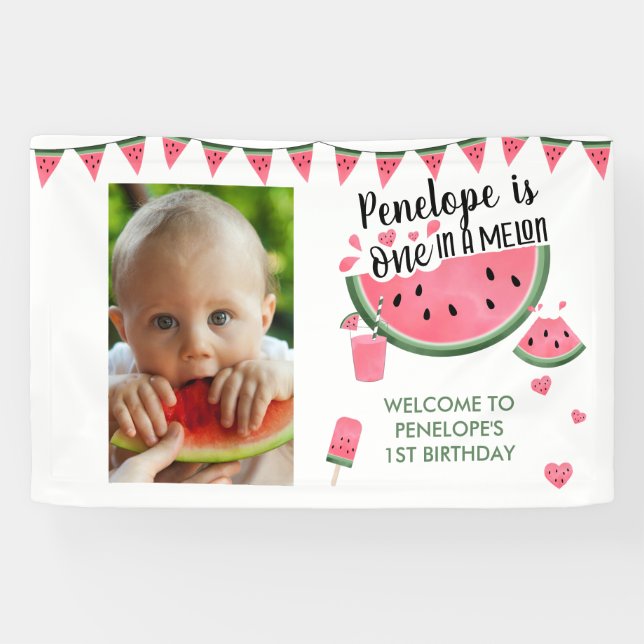 Banderoles Pink One In A Melon Photo Girl's 1st Birthday (Horizontal)