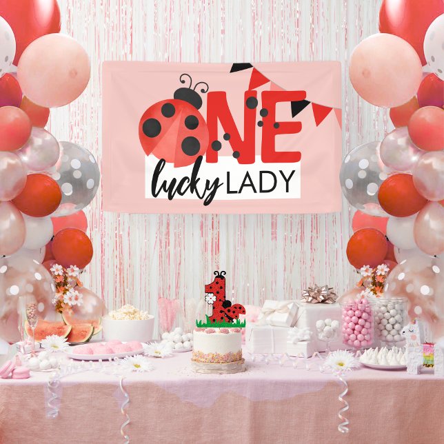 Banderoles Pink One Lucky Lady Aquarelle Ladybug Anniversaire (One Lucky Lady Watercolor Ladybug 1st Birthday Party Vinyl Hanging Banner)